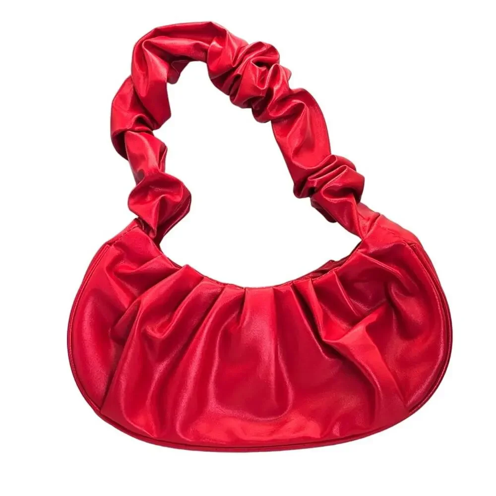 Red Puffy Ruched Hobo Small Mini Tote Handbag